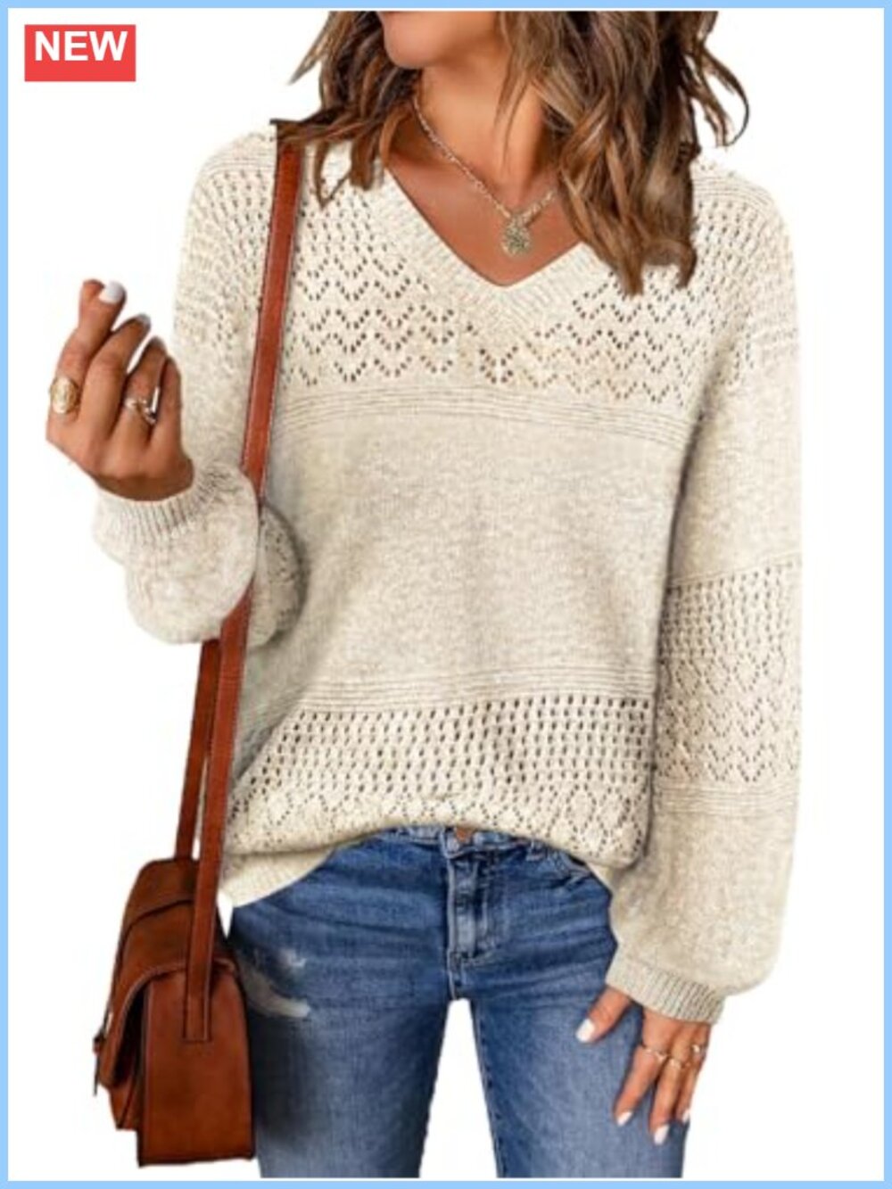 Womens V Neck Long Sleeve Pullover Crochet Cable Knit Sweater Loose Fit